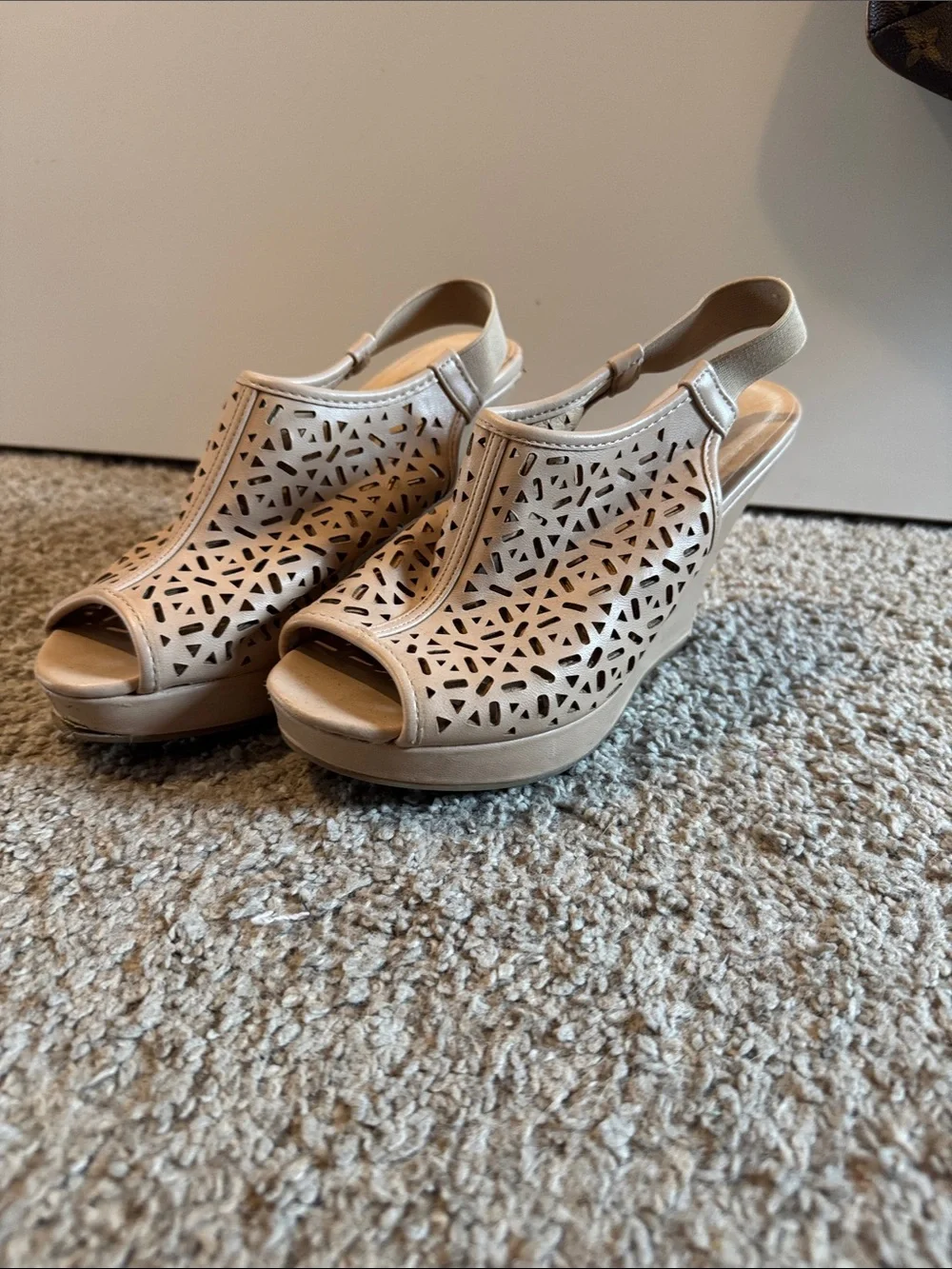 CL by Chinese Laundry Taupe Laser-Cut Peep-Toe Wedges